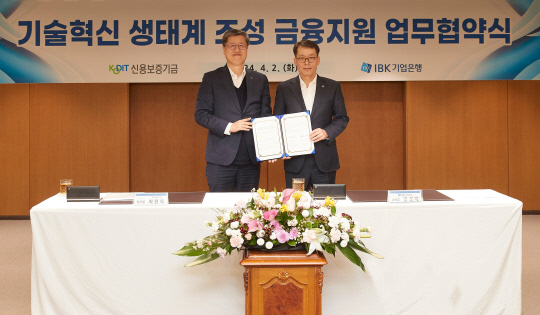 지난  2일 서울 을지로 기업은행 본점에서 열린 '기술혁신 생태계 조성 금융지원 업무협약식'에서 김성태(오른쪽) IBK기업은행장과 최원목 신용보증기금 이사장이 기념촬영을 하고 있는 모습. 기업은행 제공.
